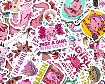 Pak met 50 roze axolotl-stickers, cartoon axolotl-stickers, leuke grappige stickers, kawaii-stickers, waterdichte stickers voor kinderen en tieners