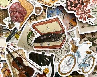 Pack of 50 Vintage Cottagecore Stickers, Retro Aesthetic Stickers, Waterproof Old-Fashioned Stickers for Journal, Scrapbook, Water Bottle
