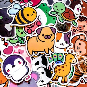 May include: A collection of colorful stickers featuring various cartoon animals. Includes a yellow and black bee, a brown pug, a green turtle, a calico cat, a giraffe, and a penguin. The stickers have white borders and are on a white background.