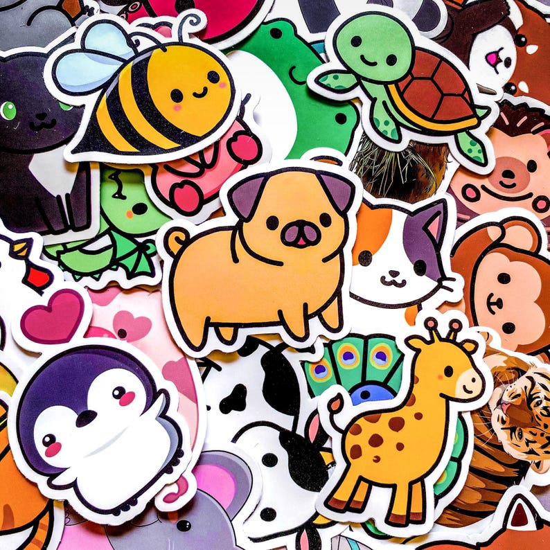 May include: A collection of colorful stickers featuring various cartoon animals. Includes a yellow and black bee, a brown pug, a green turtle, a calico cat, a giraffe, and a penguin. The stickers have white borders and are on a white background.