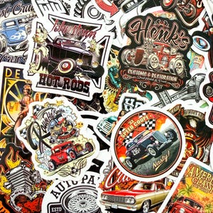 May include: A collection of colorful stickers featuring classic hot rod cars. The stickers have various designs, including text like "Hot Rods", "Henk's Customs & Restoration", and "33 Speed Coupe". The color palette includes red, black, white, and gold.