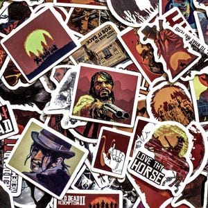May include: A collection of square stickers with Western-themed illustrations. The stickers feature cowboys, horses, and scenes from the Wild West, with text like "LOVE THY HORSE" and "RED DEAD REDEMPTION II". The color palette includes reds, browns, and yellows.