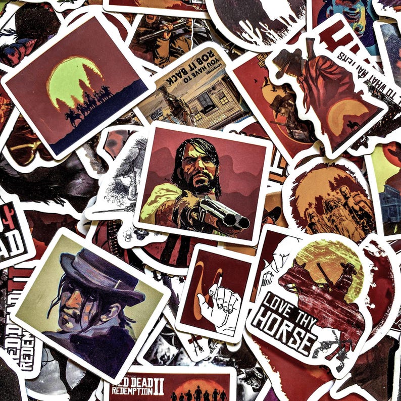 May include: A collection of square stickers with Western-themed illustrations. The stickers feature cowboys, horses, and scenes from the Wild West, with text like "LOVE THY HORSE" and "RED DEAD REDEMPTION II". The color palette includes reds, browns, and yellows.