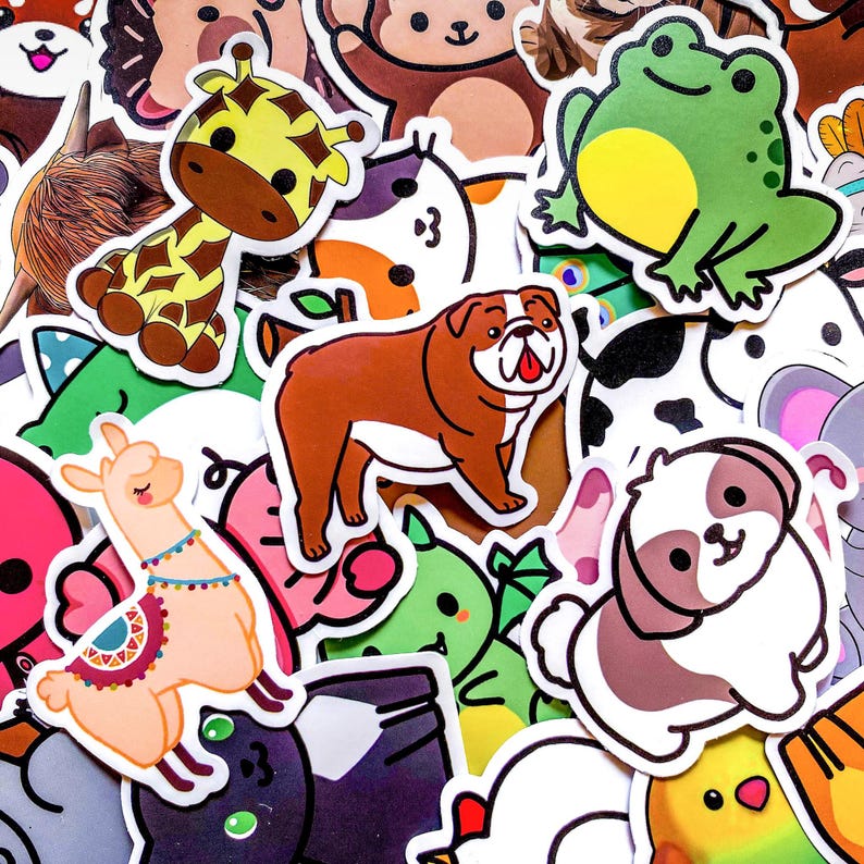 May include: A collection of colorful animal stickers, including a giraffe, frog, llama, bulldog, and dog. The stickers have a cartoon style with bold outlines and bright colors. The background is filled with various other animal stickers.