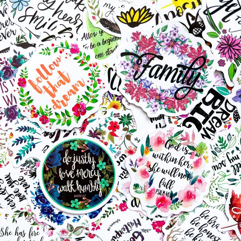 Pack of 50 Floral Quote Stickers, Colorful Positive Word Stickers ...