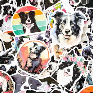May include: A collection of colorful stickers featuring various illustrations of Border Collies. The stickers showcase the dogs in different poses and settings, with a variety of artistic styles and backgrounds. The stickers are in various shapes and sizes.
