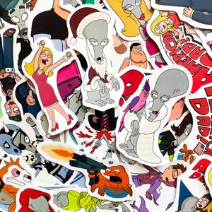May include: A collection of colorful die-cut stickers featuring characters from the animated television show, American Dad. The stickers depict various characters in different poses and outfits, with a variety of colors and designs.