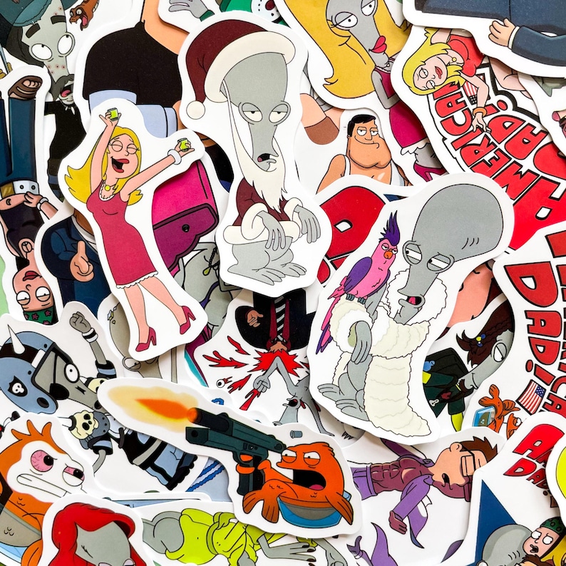 May include: A collection of colorful die-cut stickers featuring characters from the animated television show, American Dad. The stickers depict various characters in different poses and outfits, with a variety of colors and designs.