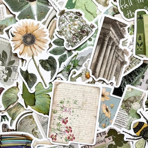 May include: A collection of decorative stickers with a vintage aesthetic. The stickers feature botanical illustrations, including a sunflower, leaves, and flowers, alongside architectural elements and handwritten script. The color palette includes greens, browns, and creams.