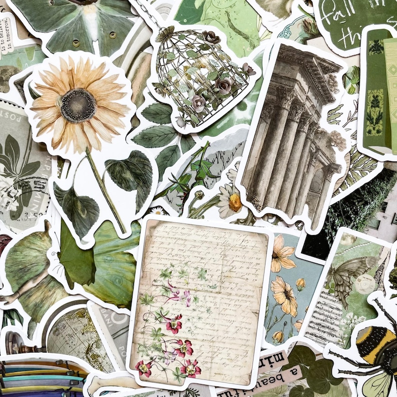 May include: A collection of decorative stickers with a vintage aesthetic. The stickers feature botanical illustrations, including a sunflower, leaves, and flowers, alongside architectural elements and handwritten script. The color palette includes greens, browns, and creams.
