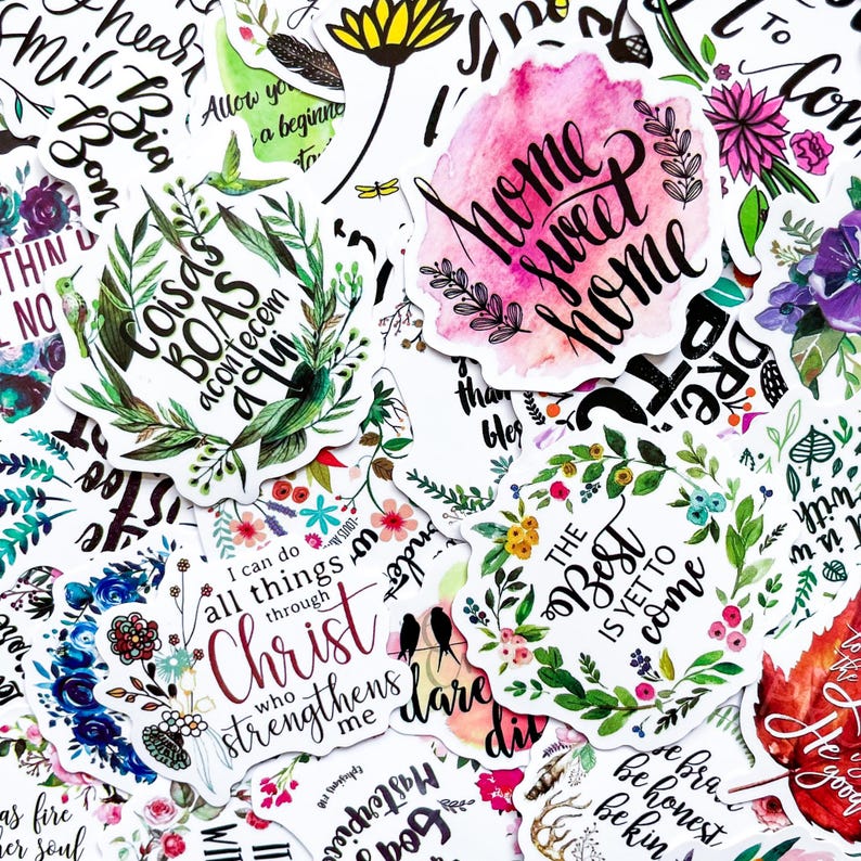 Pack of 50 Floral Quote Stickers, Colorful Positive Word Stickers ...