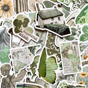 May include: A collection of decorative stickers with a vintage aesthetic. The stickers feature images of a cottage, butterflies, flowers, and botanical illustrations. Some stickers have text that reads "a beautiful mind." The color palette includes shades of green, beige, and white.