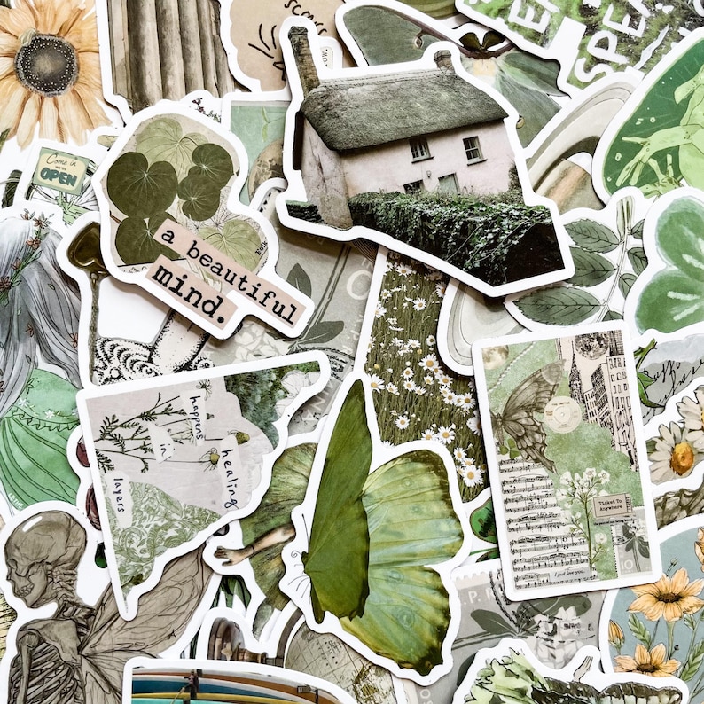 May include: A collection of decorative stickers with a vintage aesthetic. The stickers feature images of a cottage, butterflies, flowers, and botanical illustrations. Some stickers have text that reads "a beautiful mind." The color palette includes shades of green, beige, and white.