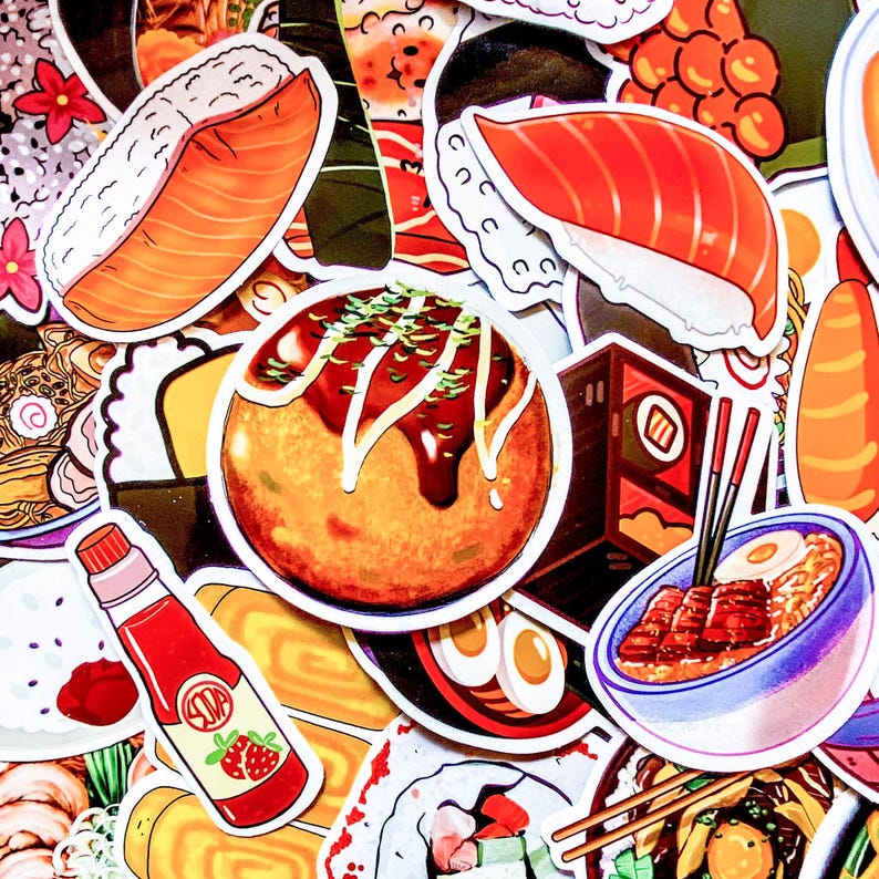 May include: A collection of colorful stickers featuring Japanese food illustrations. The stickers include sushi, ramen, takoyaki, and a bottle of strawberry sauce. The designs are vibrant and detailed, with a cartoon-like aesthetic.