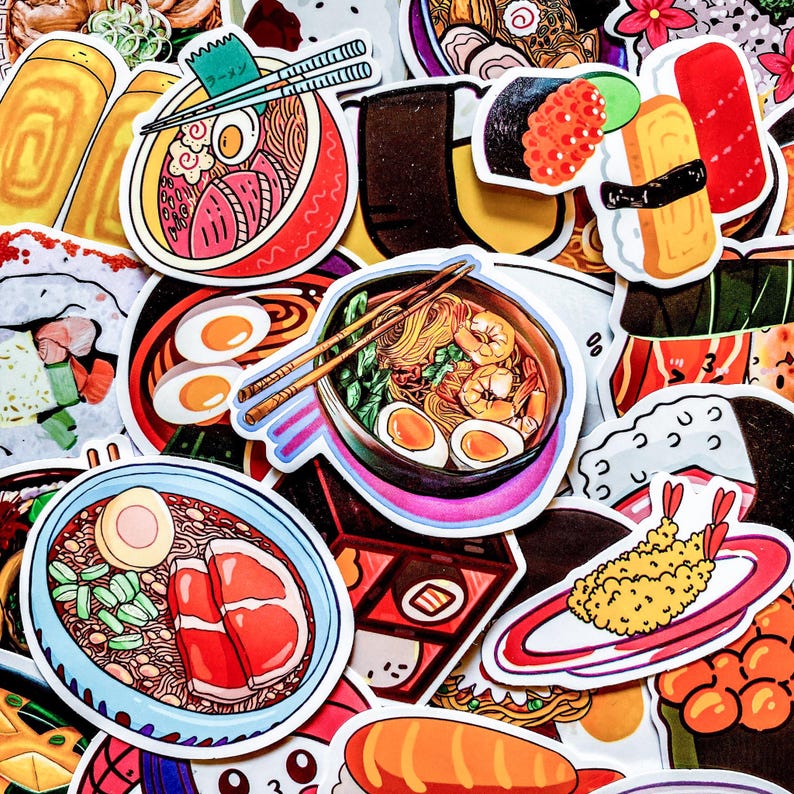 May include: A collection of colorful stickers featuring various Japanese food illustrations. The stickers depict ramen bowls, sushi, tempura, and other dishes. The designs include vibrant colors and detailed artwork, perfect for decorating notebooks or personal items.