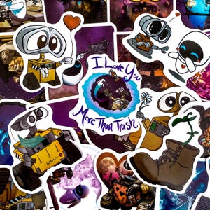 May include: A selection of vibrant stickers featuring characters from the animated film Wall-E. The stickers depict Wall-E and Eve in various poses, with the phrase "I Love You More Than Trash" visible on one of them.