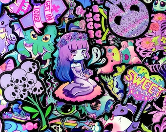 Pacote com 50 adesivos góticos pastéis, adesivos de terror fofos, adesivos kawaii assustadores, adesivos góticos neon, adesivos à prova d'água para fãs de gótico, crianças