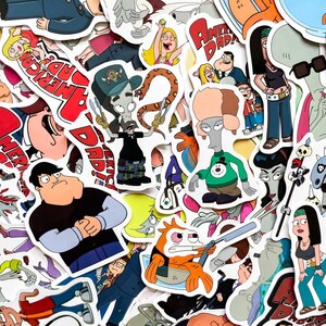 May include: A collection of colorful stickers featuring characters and logos from the animated television show, American Dad. The stickers showcase various characters in different poses, with bold text and vibrant colors.