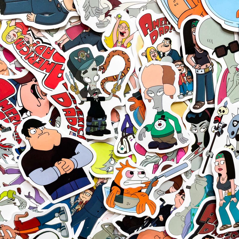 May include: A collection of colorful stickers featuring characters and logos from the animated television show, American Dad. The stickers showcase various characters in different poses, with bold text and vibrant colors.