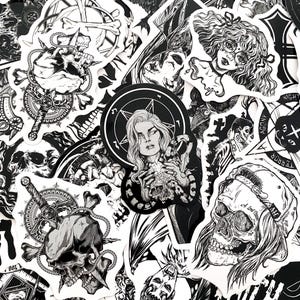 May include: A collection of black and white stickers featuring gothic and occult imagery. Designs include skulls, portraits, pentagrams, and other dark art illustrations. The stickers vary in size and shape, creating a visually dynamic arrangement.