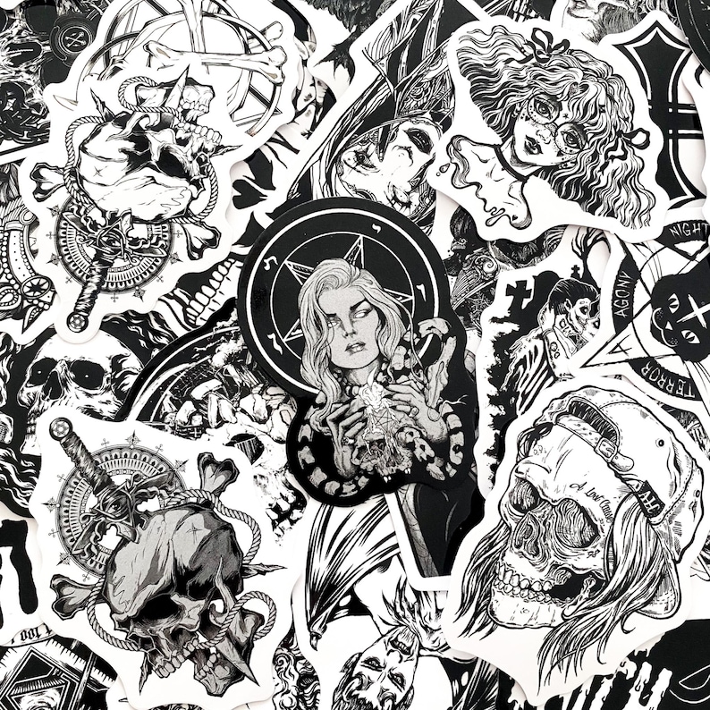 May include: A collection of black and white stickers featuring gothic and occult imagery. Designs include skulls, portraits, pentagrams, and other dark art illustrations. The stickers vary in size and shape, creating a visually dynamic arrangement.