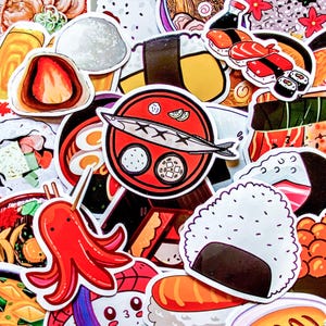May include: A collection of colorful stickers featuring various Japanese food illustrations. The stickers include sushi, ramen, onigiri, and a red octopus. The designs are detailed and vibrant, with a focus on traditional Japanese cuisine.