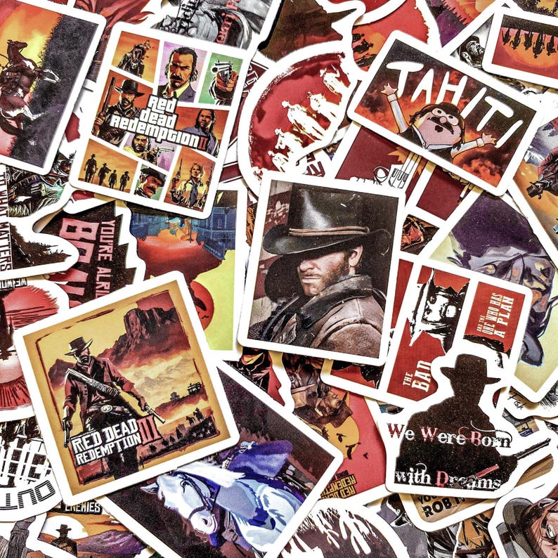 May include: A collection of stickers featuring imagery from the video game Red Dead Redemption. The stickers showcase characters, scenes, and the game's logo in various designs. Colors include red, brown, and yellow.