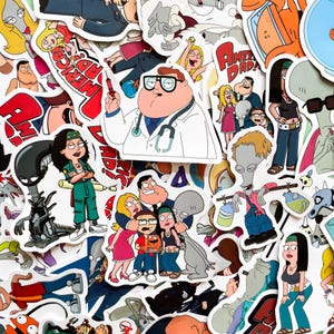 May include: A collection of colorful stickers featuring characters and logos from the animated television show, American Dad. The stickers showcase various characters in different poses and settings, with bold outlines and vibrant colors.