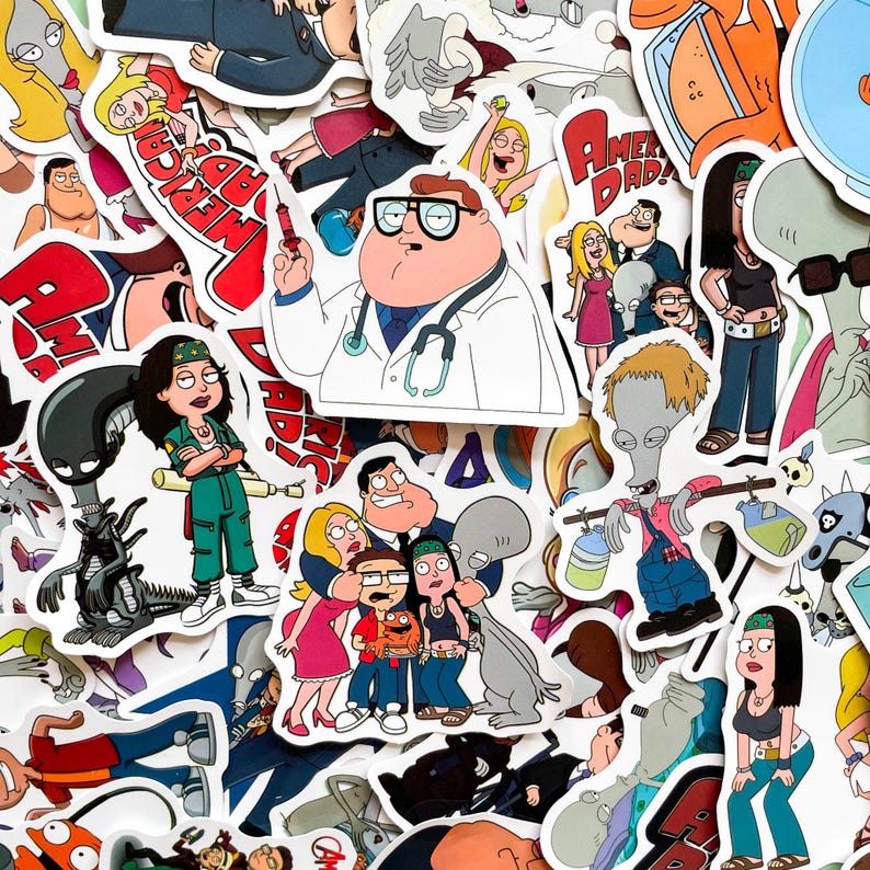 May include: A collection of colorful stickers featuring characters and logos from the animated television show, American Dad. The stickers showcase various characters in different poses and settings, with bold outlines and vibrant colors.