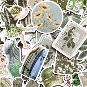 May include: A collection of decorative stickers featuring various designs. Includes a fairy, yellow flowers, surfboards, postage stamps, and other botanical and nature-themed illustrations. The stickers are colorful and detailed.