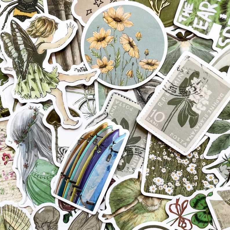 May include: A collection of decorative stickers featuring various designs. Includes a fairy, yellow flowers, surfboards, postage stamps, and other botanical and nature-themed illustrations. The stickers are colorful and detailed.