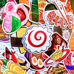 May include: A collection of colorful stickers featuring various Japanese food illustrations. The stickers include sushi rolls, ramen, tempura, and other traditional dishes. The designs are vibrant and detailed, with a focus on the textures and colors of the food.