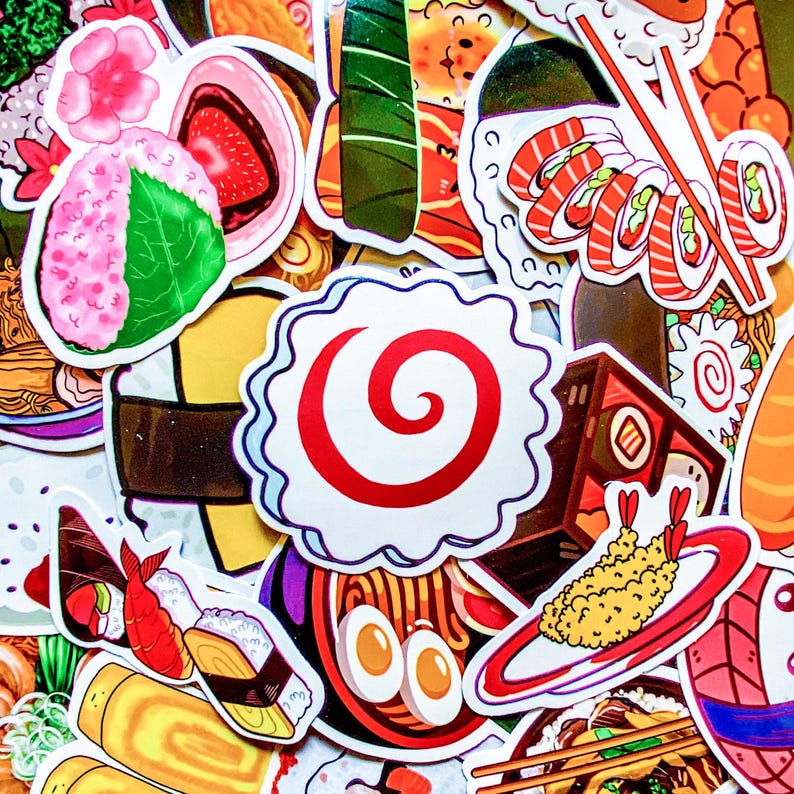 May include: A collection of colorful stickers featuring various Japanese food illustrations. The stickers include sushi rolls, ramen, tempura, and other traditional dishes. The designs are vibrant and detailed, with a focus on the textures and colors of the food.