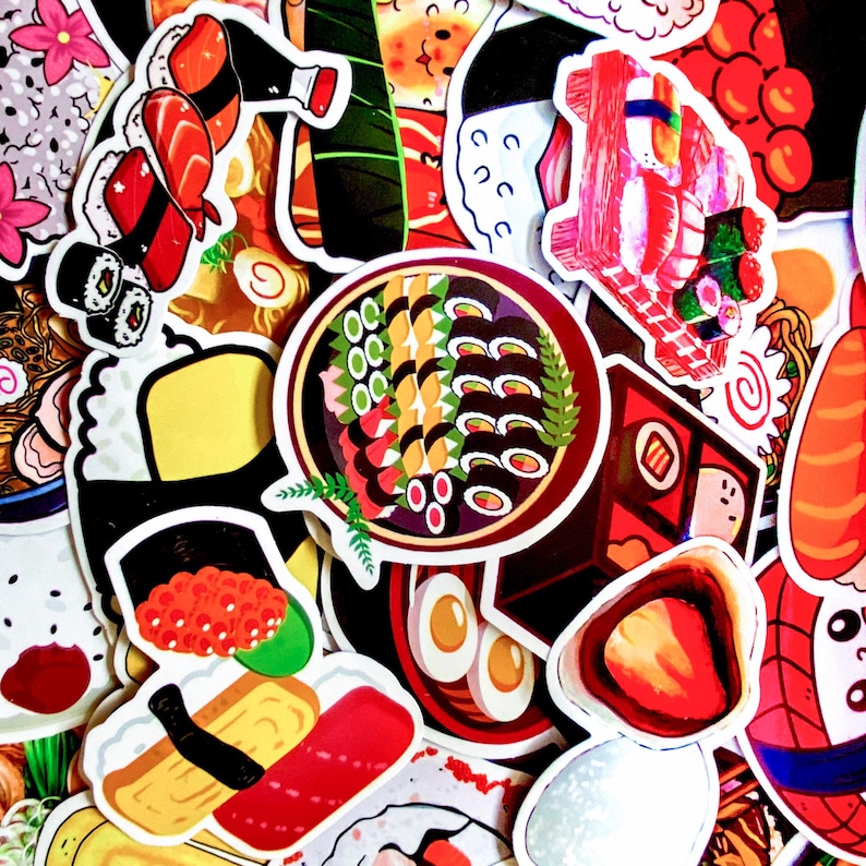 May include: A collection of colorful sushi-themed stickers. The stickers feature various sushi rolls, nigiri, and other Japanese food illustrations. The designs include salmon, shrimp, and egg sushi, along with bowls of miso soup and other Japanese cuisine.
