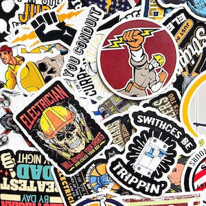 May include: A selection of vibrant stickers with electrician-themed designs. The stickers showcase images of electrical workers, lightning bolts, skulls, and text such as "Electrician" and "Trippin'". These stickers are suitable for various uses.