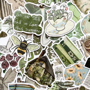 Pack of 50 Green Aesthetic Stickers, Botanical Nature Stickers, Wildflower Cottagecore Stickers, Waterproof Stickers for Artists, Planners
