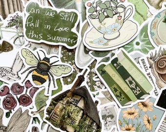 Pack of 50 Green Aesthetic Stickers, Botanical Nature Stickers, Wildflower Cottagecore Stickers, Waterproof Stickers for Artists, Planners