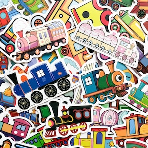 Könnte beinhalten: Eine Sammlung bunter Zugaufkleber in verschiedenen Designs. Die Aufkleber zeigen Lokomotiven und Zugwaggons in Blau-, Grün-, Rosa-, Orange- und Gelbtönen. Die Aufkleber sind vorgestanzt und zum Aufkleben bereit.