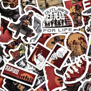 May include: A collection of stickers with a Western theme. The stickers feature illustrations of cowboys, guns, and the text "Outlaws For Life" and "Red Dead Redemption II". The color palette includes red, brown, and white.