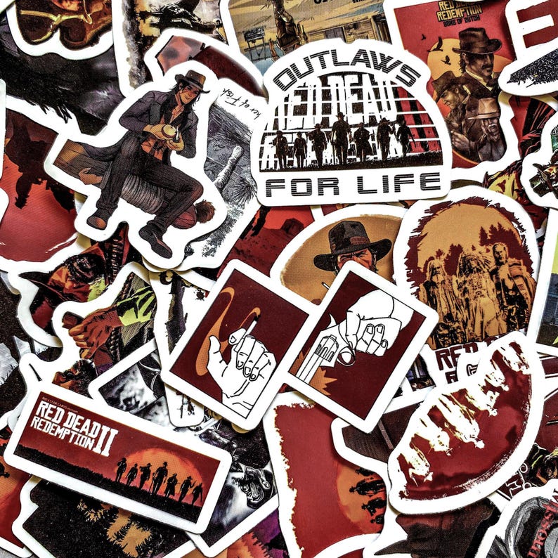 May include: A collection of stickers with a Western theme. The stickers feature illustrations of cowboys, guns, and the text "Outlaws For Life" and "Red Dead Redemption II". The color palette includes red, brown, and white.