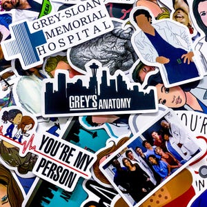 May include: A collection of stickers featuring imagery and text related to the television show "Grey's Anatomy." Stickers include the show's logo, character illustrations, and phrases like "You're My Person."