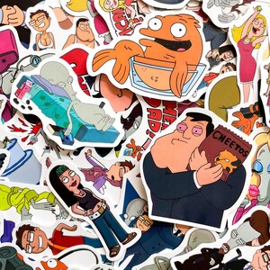 May include: A collection of colorful cartoon character stickers. The stickers feature various characters in different poses and settings. One sticker shows a goldfish in a bowl, and another shows a man holding a bag of Cheetos. Other stickers include various other characters.