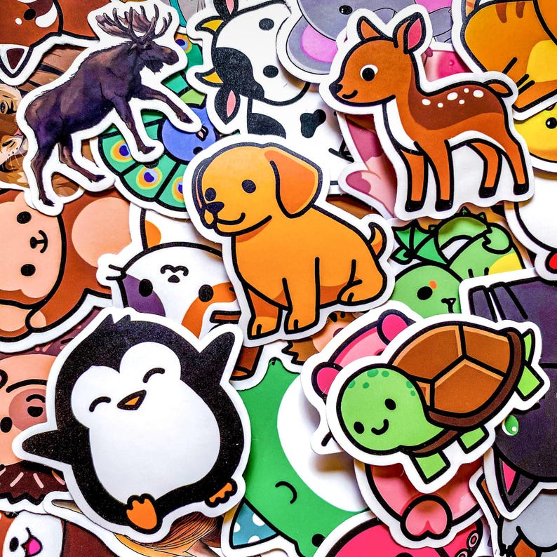 May include: A collection of colorful animal stickers, including a moose, cow, deer, puppy, penguin, and turtle. The stickers have a white border and are arranged in a random pattern. The illustrations are cartoon-style and feature bright colors.