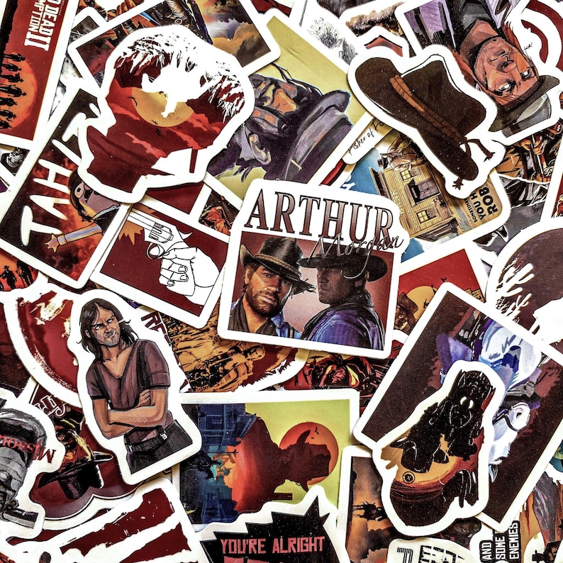 May include: A collection of colorful stickers featuring characters and scenes from a Western-themed video game. The stickers showcase various characters, landscapes, and text elements, with a mix of red, brown, and white hues.