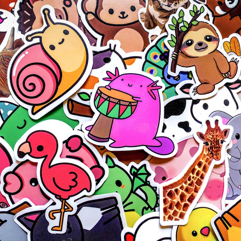 May include: A collection of colorful stickers featuring various cartoon animals. Includes a pink snail, a pink axolotl playing a drum, a sloth holding a branch, a flamingo, and a giraffe. The stickers have a white border and are arranged closely together.