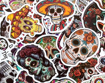Confezione da 50 adesivi per il Dia de los Muertos, adesivi con teschi di zucchero, adesivi colorati per il Giorno dei Morti, adesivi impermeabili per gli amanti delle feste