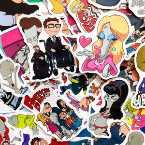 May include: A collection of colorful stickers featuring characters from the animated series "American Dad!" The stickers showcase various characters in vibrant poses and outfits, with the show's logo prominently displayed on some.