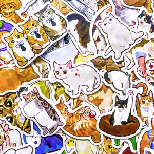 Paquete de 50 pegatinas de gatos, pegatinas de acuarela, pegatinas de gatitos adorables, pegatinas de animales dibujados a mano, pegatinas impermeables para amantes de los gatos.