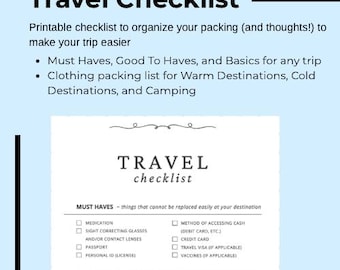 Printable Travel Checklist, Packing Checklist, Travel Planner, Travel Organizer