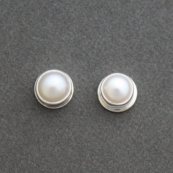 Pearl Stud Earrings, bezel set